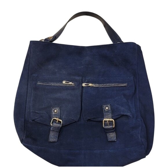 Navy Leather & Suede Tote Bag - Picture 3 of 8
